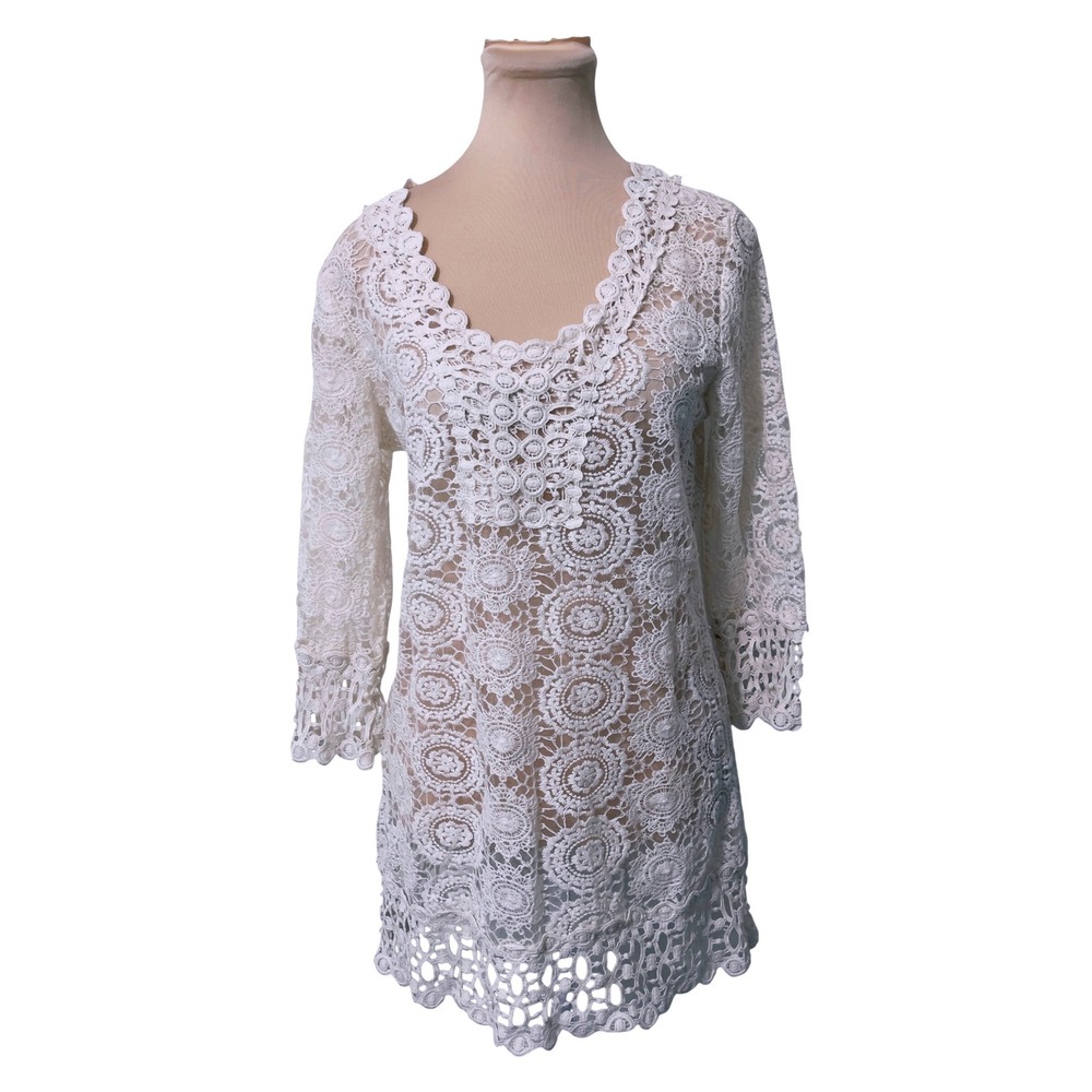 Solitaire Swim Women Crochet Lace V-Neck Cover Up Large White Boho Beach‎ Tunic